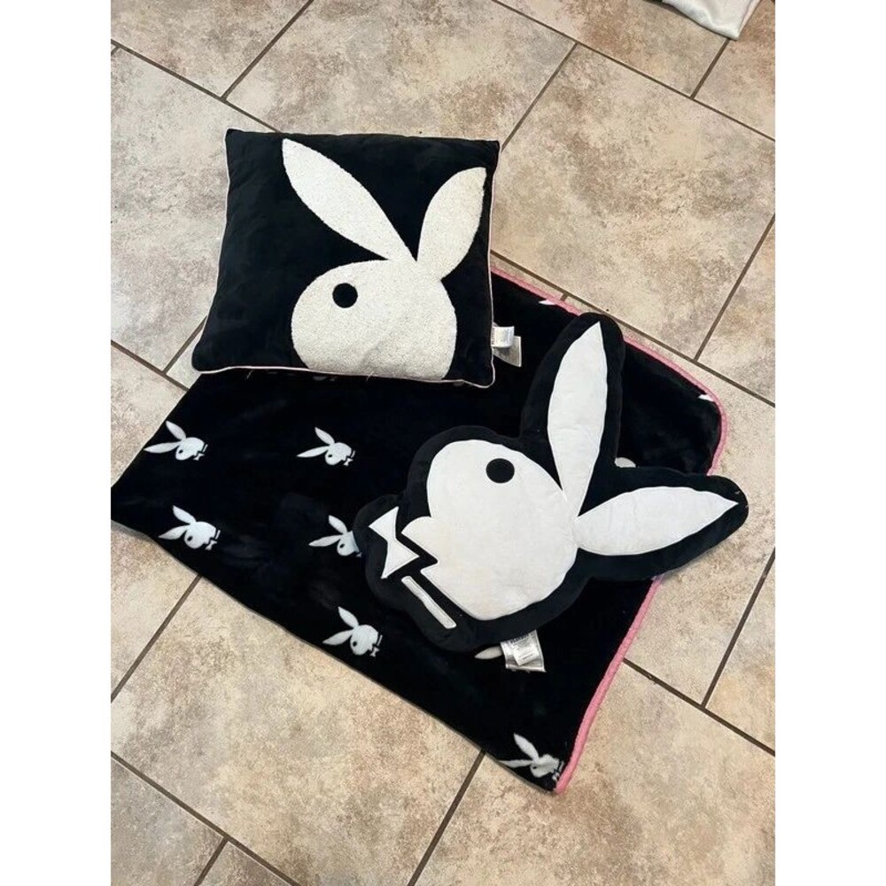 Y2K Playboy Bunny Black Pink Plush Fleece Blanket & Throw Pillows Decor Set